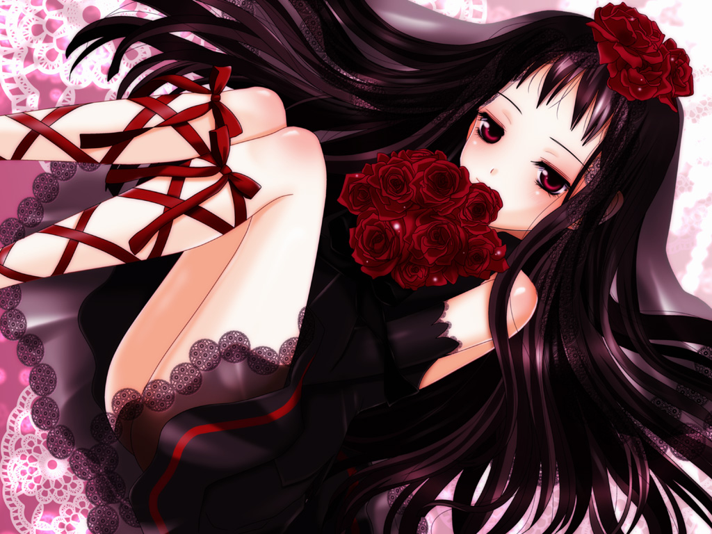 ar_tonelico ar_tonelico_ii bare_shoulders black_hair bouquet dress flower hair_flower hair_ornament inumori_sayaka jakuri leg_ribbon long_hair red_eyes ribbon rose solo