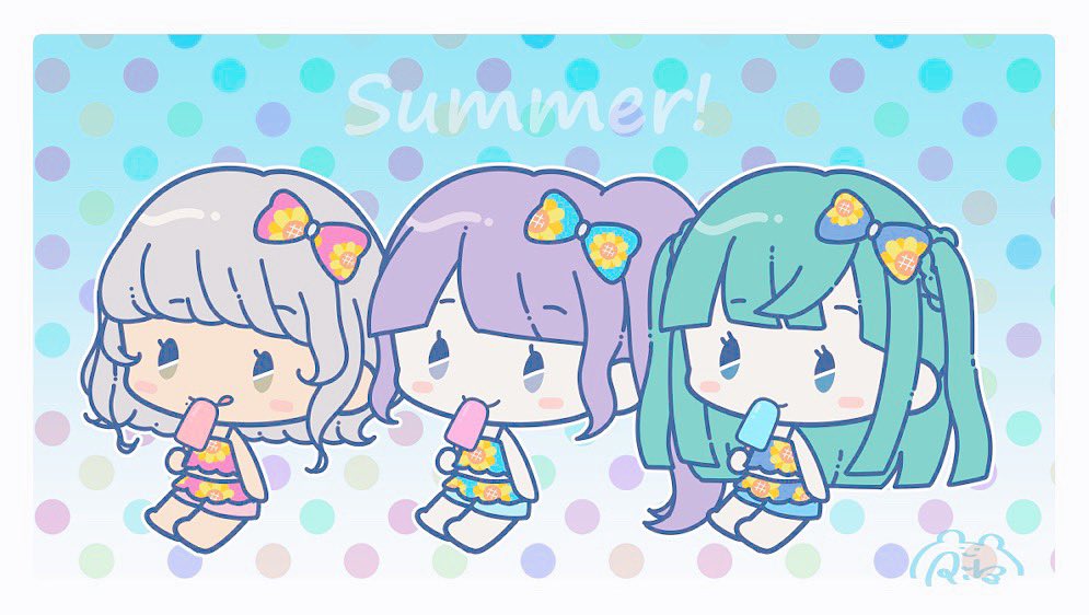 3girls :3 barefoot bikini blue_bikini blue_eyes blunt_bangs border brown_hair chibi closed_mouth commentary_request eating food full_body green_hair holding holding_food holding_popsicle long_hair looking_at_viewer manaka_non multiple_girls outside_border pink_bikini polka_dot polka_dot_background popsicle pretty_series pripara purple_eyes purple_hair rin_(ikura_meshi) short_hair side_ponytail sidelocks sitting smile solid_oval_eyes swimsuit taiyo_pepper tsukikawa_chili two_side_up white_border