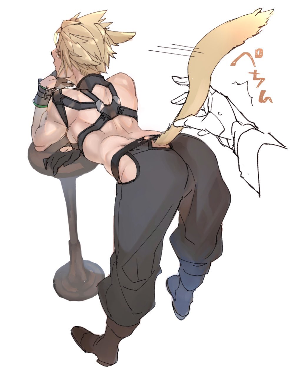 1boy animal_ears arched_back black_pants blonde_hair boots brown_footwear cat_boy cat_ears cat_tail cloud_strife disembodied_limb final_fantasy final_fantasy_vii final_fantasy_xiv from_behind full_body highres kemonomimi_mode male_focus miqo'te muscular muscular_male out_of_frame pants ryouto short_hair single_bare_shoulder spiked_hair tail tail_grab toned toned_male white_background wrist_cuffs