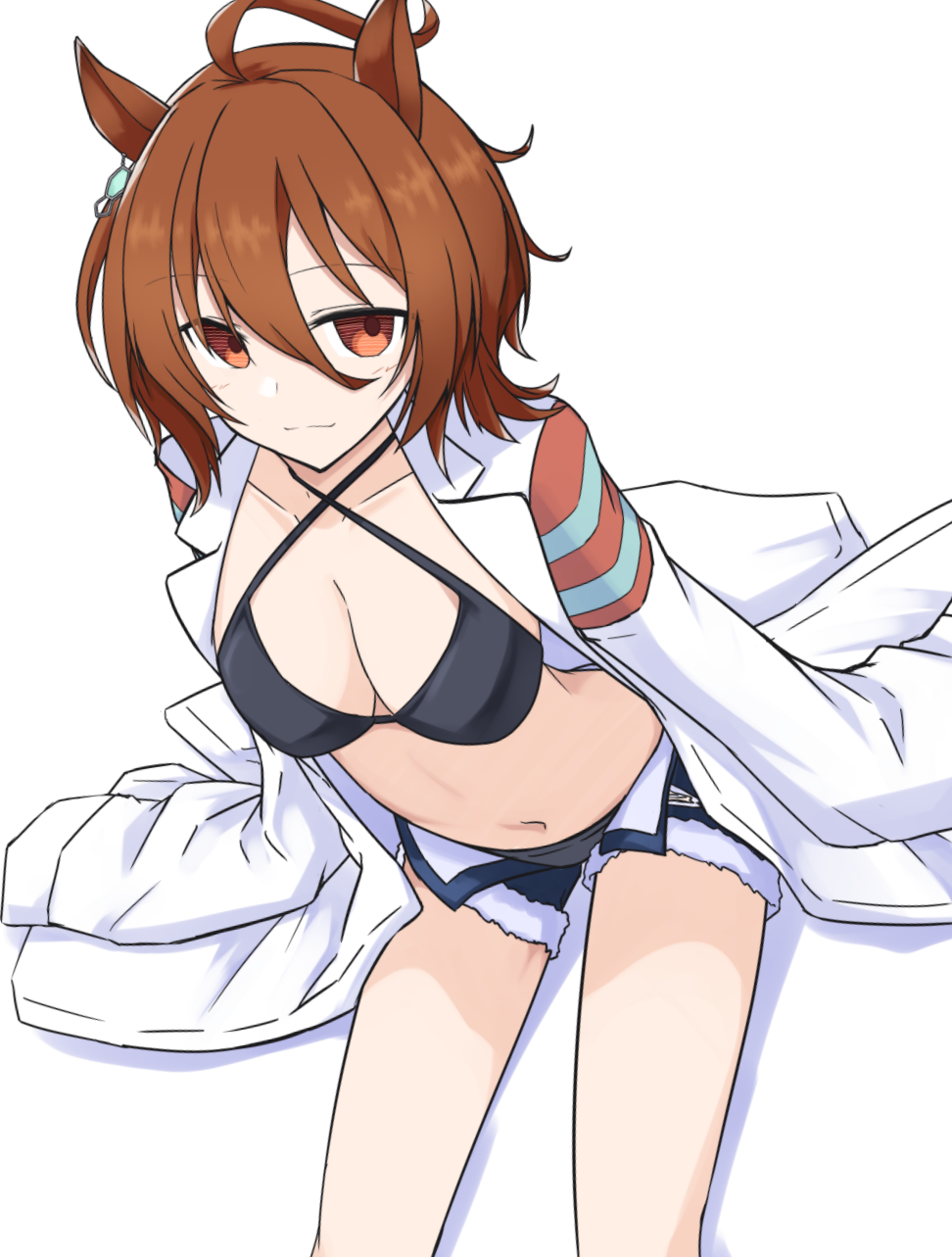 1girl adapted_costume agnes_tachyon_(lunatic_lab)_(umamusume) agnes_tachyon_(umamusume) ahoge animal_ears bikini black_bikini breasts brown_hair chemical_structure cleavage closed_mouth coat commentary_request criss-cross_halter earrings feet_out_of_frame hair_between_eyes halterneck highres horse_ears horse_girl horse_tail jewelry lab_coat large_breasts messy_hair navel open_clothes open_coat open_fly red_eyes sena_kizahashi short_hair simple_background single_earring sleeves_past_fingers sleeves_past_wrists solo swimsuit tail umamusume very_long_sleeves white_background