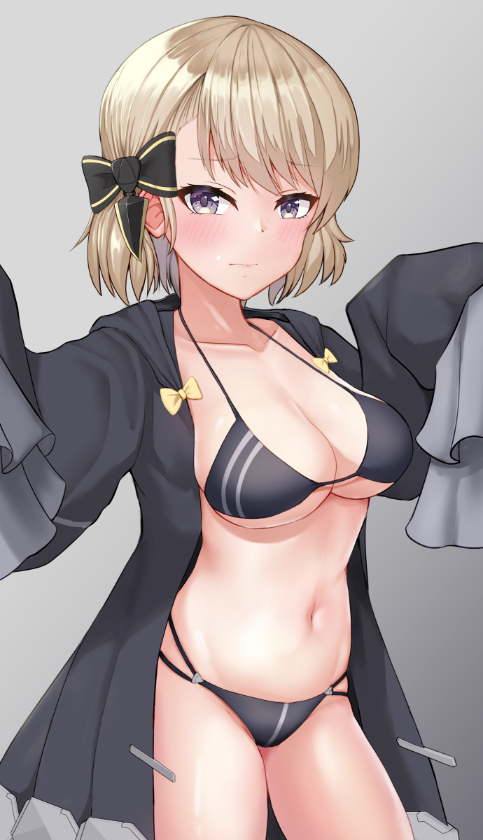 azur_lane bikini black_bikini black_bow black_coat blonde_hair blush bow breasts brown_hair coat commentary_request cosplay embarrassed explorer_(azur_lane) explorer_(azur_lane)_(cosplay) hair_bow hands_up highres looking_at_viewer medium_breasts medium_hair navel nervous purple_eyes sigeranai stomach swimsuit thighs very_long_sleeves wavy_mouth wide_sleeves z23_(azur_lane)