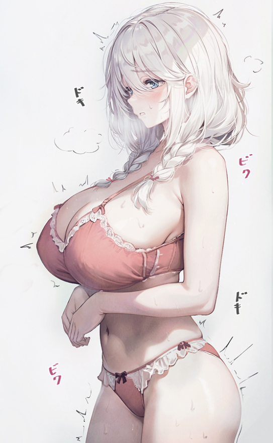 1girl bare_shoulders blue_eyes blush bra braid breasts cleavage commentary_request cowboy_shot from_side hair_over_shoulder huge_breasts kurono_mitsuki long_hair navel original panties pink_bra pink_panties sideboob solo translation_request twin_braids underwear white_background white_hair