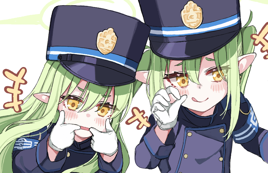 +++ 2girls :q armband blue_archive blue_armband blue_hat blue_jacket finger_in_own_mouth gloves green_hair hat hikari_(blue_archive) jacket long_hair long_sleeves mouth_pull multiple_girls nozomi_(blue_archive) open_mouth peaked_cap pointy_ears sacha short_eyebrows siblings sidelocks sisters tongue tongue_out twins twintails white_background white_gloves yellow_eyes