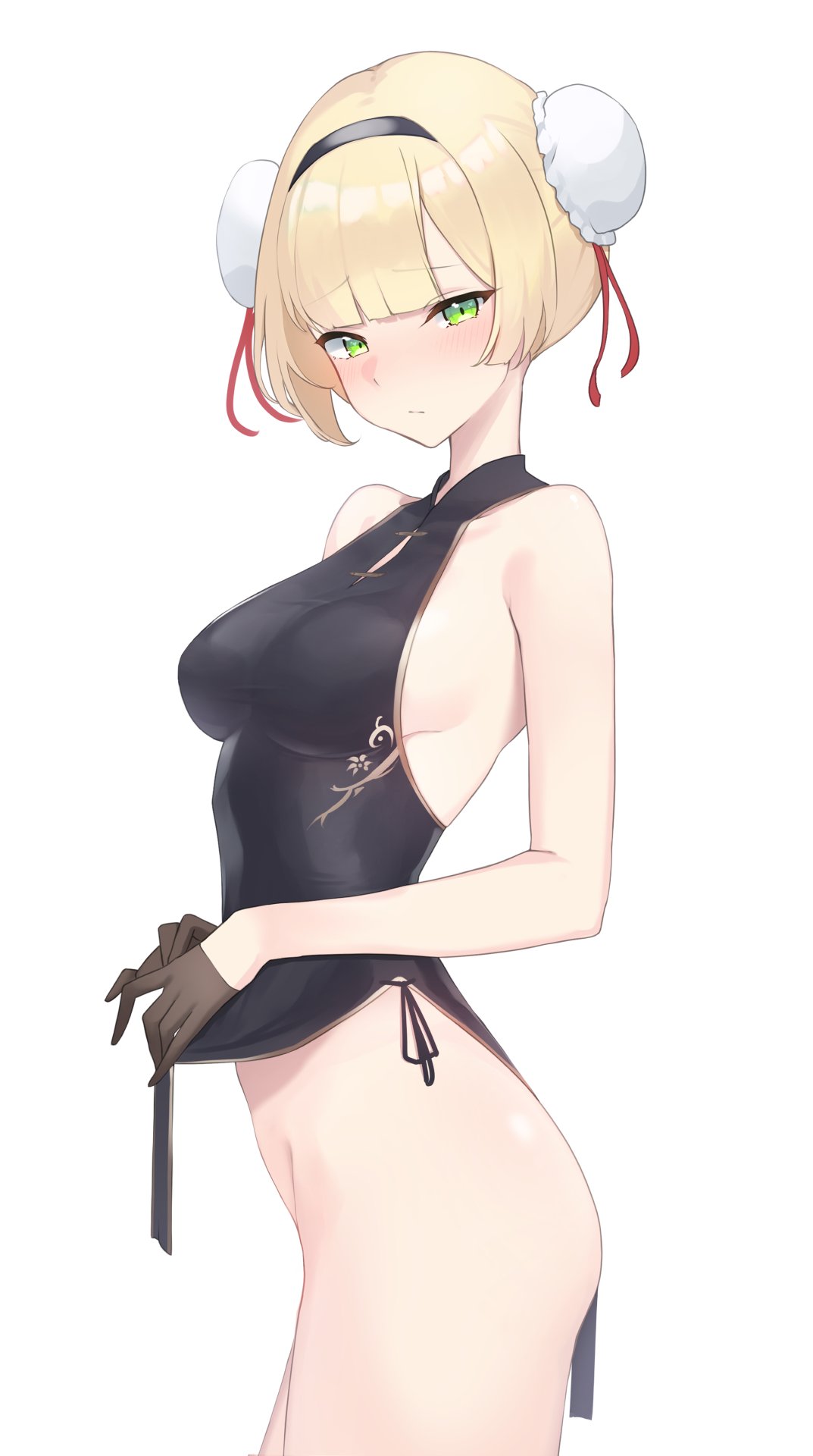 alternate_costume alternate_hairstyle bare_shoulders black_dress black_gloves blonde_hair blush breasts china_dress chinese_clothes clothes_lift commission dot_nose double_bun dress embarrassed from_side furrowed_brow girls'_frontline gloves green_eyes hair_bun hair_ribbon highres looking_at_viewer medium_breasts narrowed_eyes pelvic_curtain pelvic_curtain_lift red_ribbon ribbon short_hair sideboob skeb_commission suzuya_(maru) welrod_mkii_(girls'_frontline)