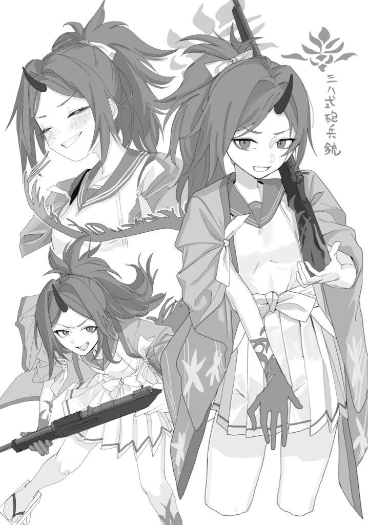 1girl arisaka blue_archive blush bolt_action closed_mouth eyeshadow greyscale grin gun halo hand_tattoo haori hip_vent holding holding_gun holding_weapon horns japanese_clothes looking_at_viewer makeup medium_hair monochrome multiple_views pleated_skirt ponytail renge_(blue_archive) rifle sailor_collar sideless_outfit single_horn skirt smile tattoo twintails umiwashi weapon
