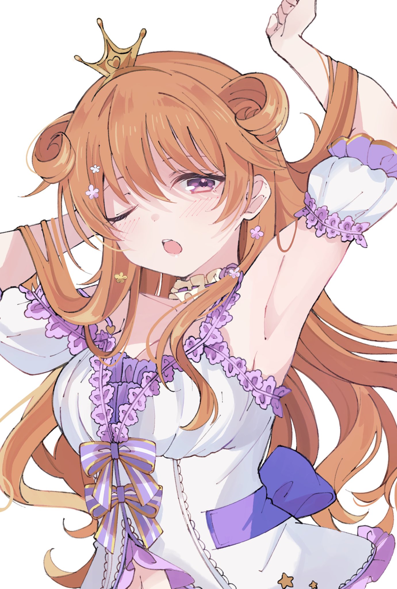 1girl arm_up armpits blush bow breasts choker cleavage collarbone commentary_request crown detached_sleeves dress frilled_choker frills hair_flowing_over hair_ornament highres konoe_kanata long_hair looking_at_viewer love_live! love_live!_nijigasaki_high_school_idol_club midriff_peek navel nemureru_mori_ni_ikitai_na_(love_live!) notyu_maru one_eye_closed open_mouth orange_hair puffy_detached_sleeves puffy_sleeves purple_bow purple_eyes sidelocks solo teeth upper_body upper_teeth_only white_background white_dress white_sleeves yellow_choker