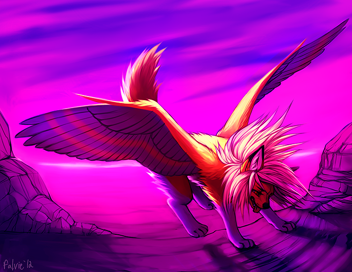 canine falvie female feral fox hair hybrid mammal pink_theme purple_theme solo white_hair wings