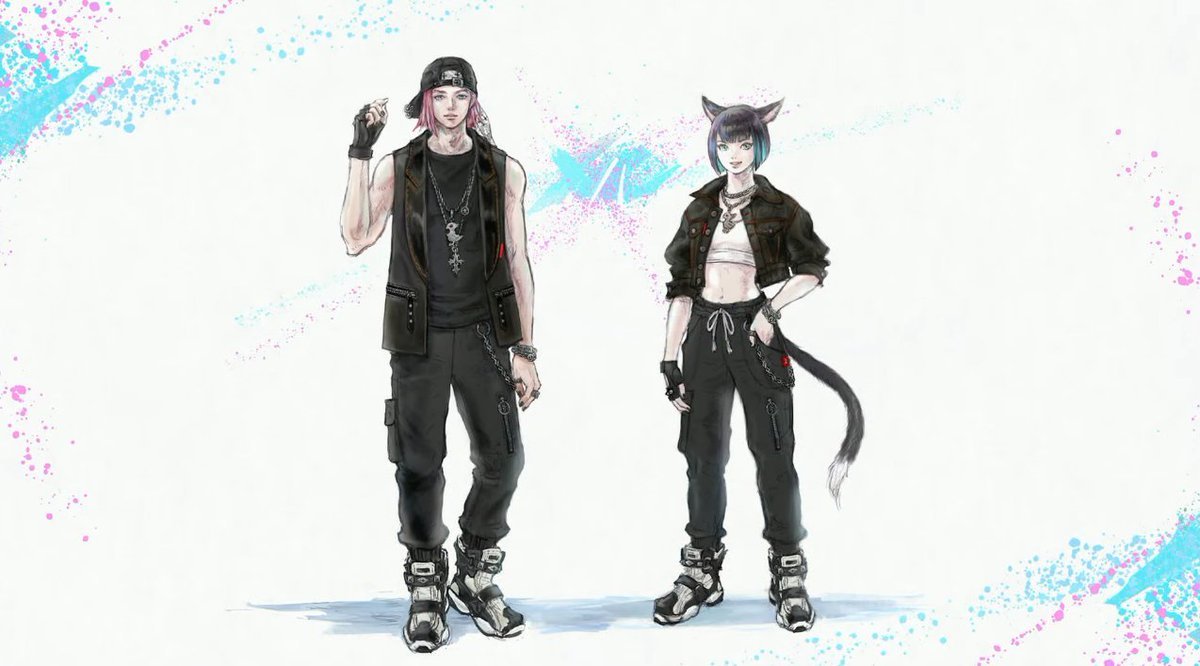 1boy 1girl animal_ears baseball_cap black_pants black_shirt black_vest bob_cut cat_ears cat_tail closed_mouth final_fantasy final_fantasy_xiv hand_in_pocket hat jewelry looking_at_viewer medium_hair midriff miqo'te multicolored_hair navel necklace pants pink_hair shirt shoes smile sneakers standing streaked_hair tail tladpwl03 vest warrior_of_light_(ff14)