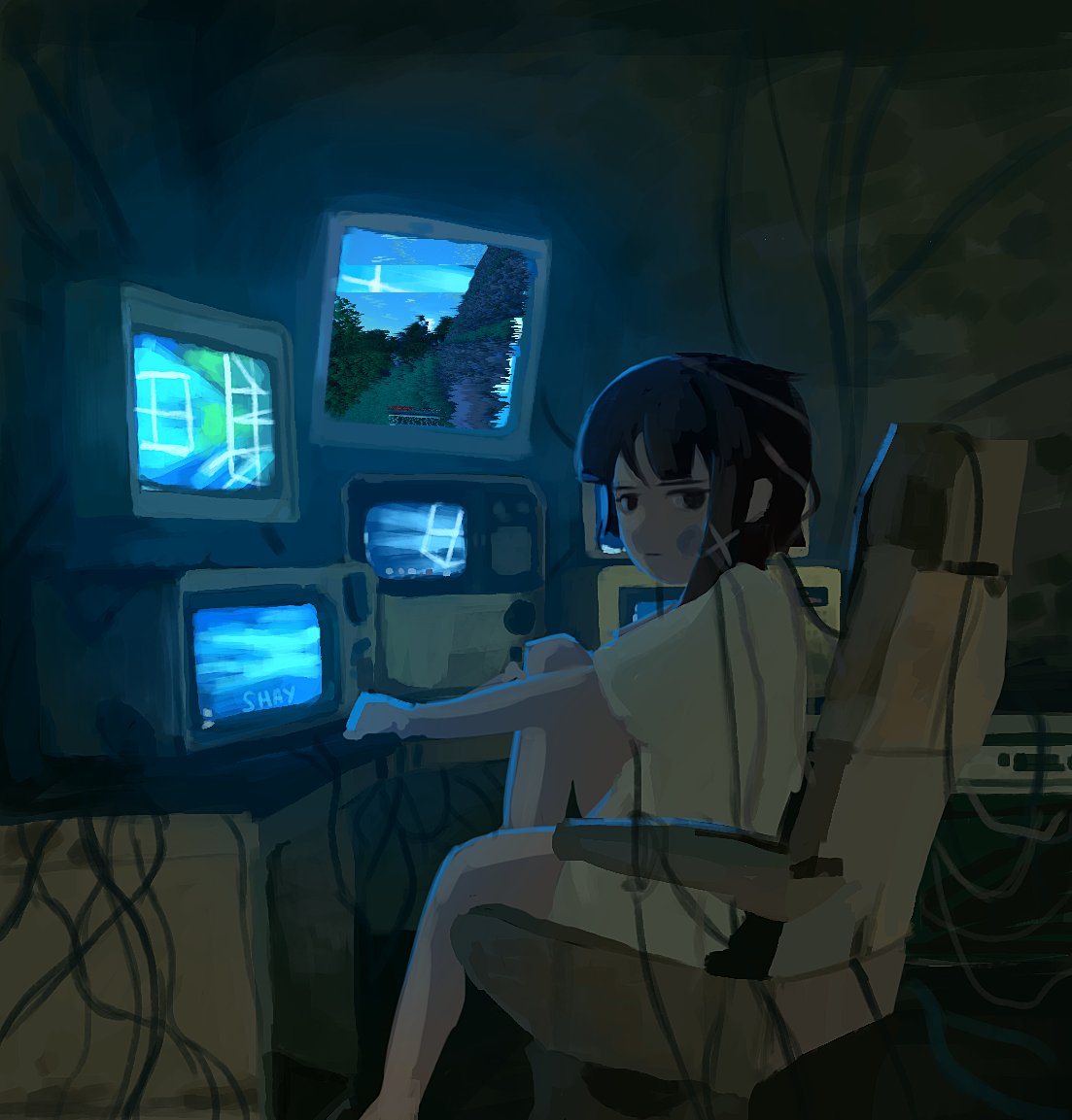 asymmetrical_hair brown_eyes cable computer computer_tower hair_ornament hairclip iwakura_lain li_shay minecraft monitor multiple_monitors serial_experiments_lain shirt white_shirt wire x_hair_ornament