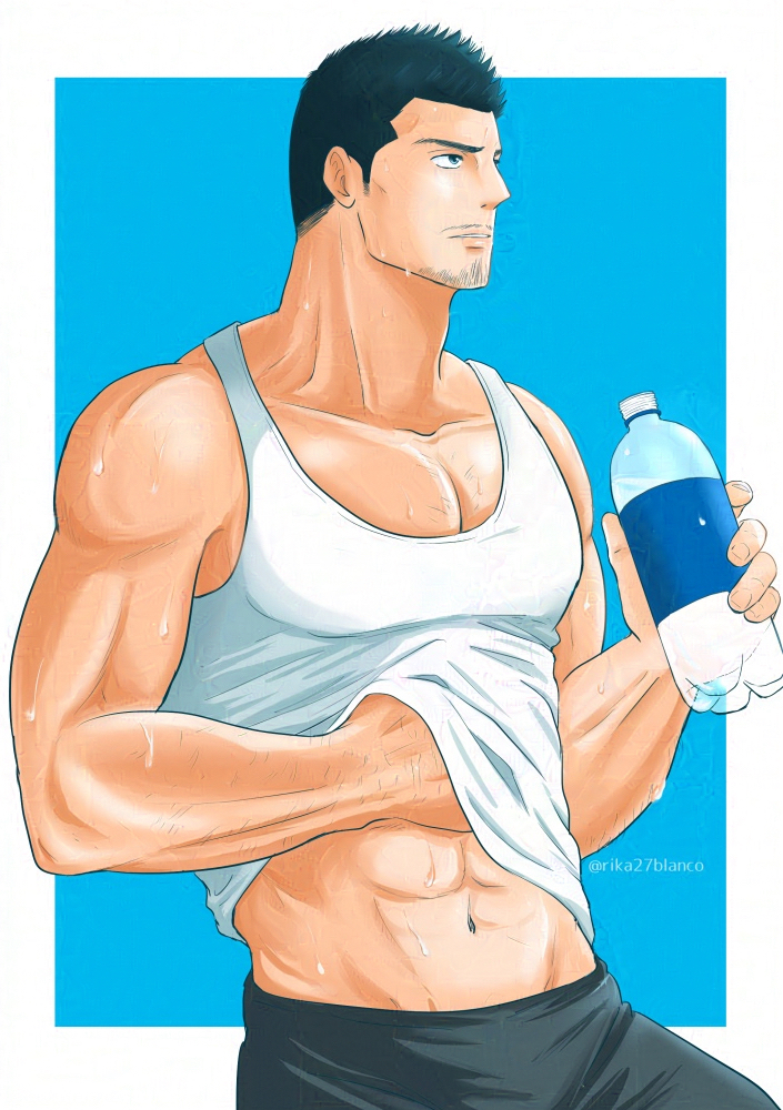 1boy bara blanco127 bottle cowboy_shot facial_hair goatee_stubble lifted_by_self looking_ahead male_focus mature_male medium_sideburns midriff_peek muscular muscular_male mustache_stubble original pectoral_cleavage pectorals profile sanpaku short_hair sideburns_stubble solo sparse_arm_hair sparse_chest_hair standing stubble tank_top thick_eyebrows tsurime water_bottle white_tank_top