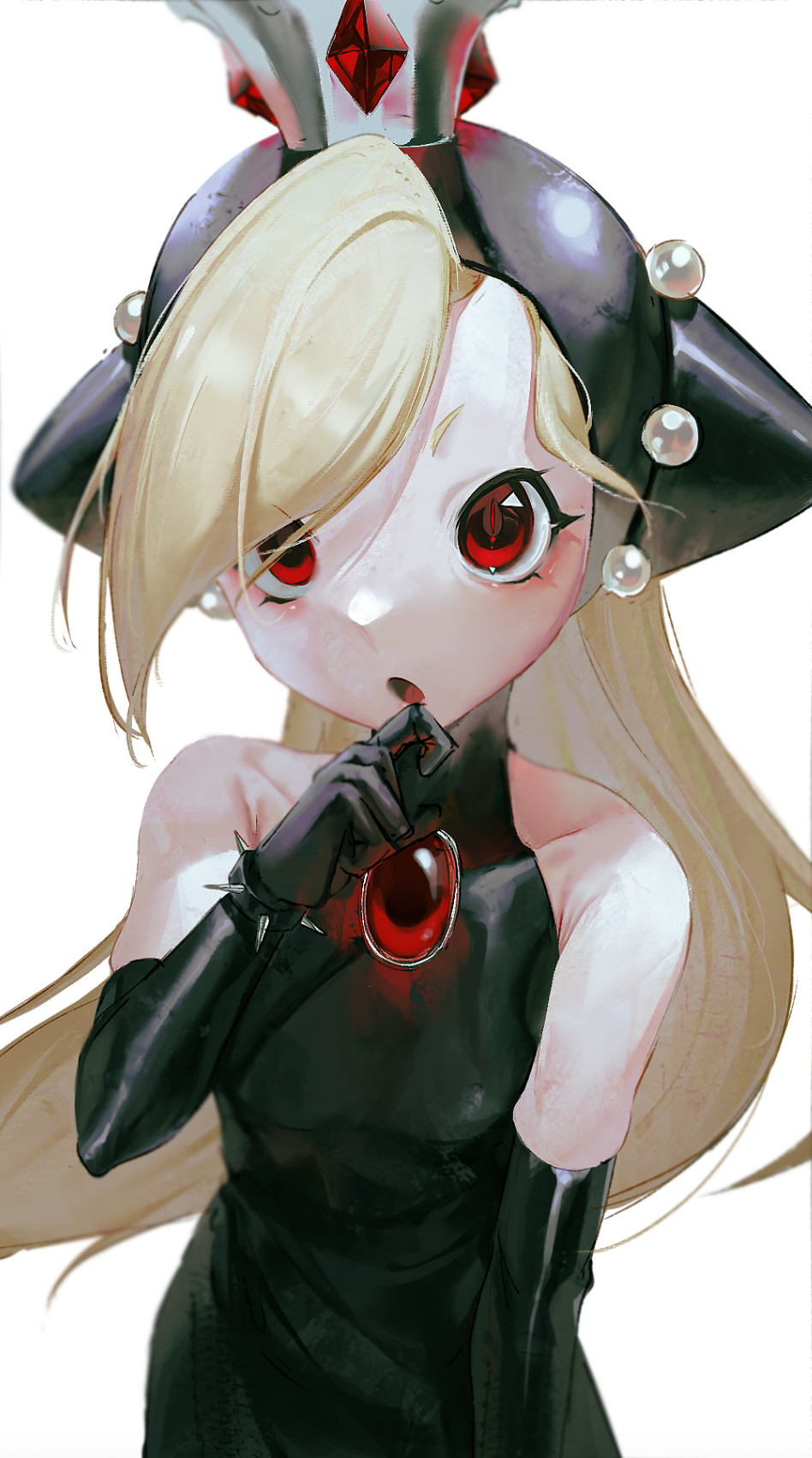 1girl bare_shoulders black_gloves blonde_hair bracelet crown elbow_gloves gloves highres jewelry long_hair looking_at_viewer mario_(series) mario_power_tennis mario_tennis open_mouth red_eyes simple_background slit_pupils solo spiked_bracelet spikes warupeach white_background x_hikari_x