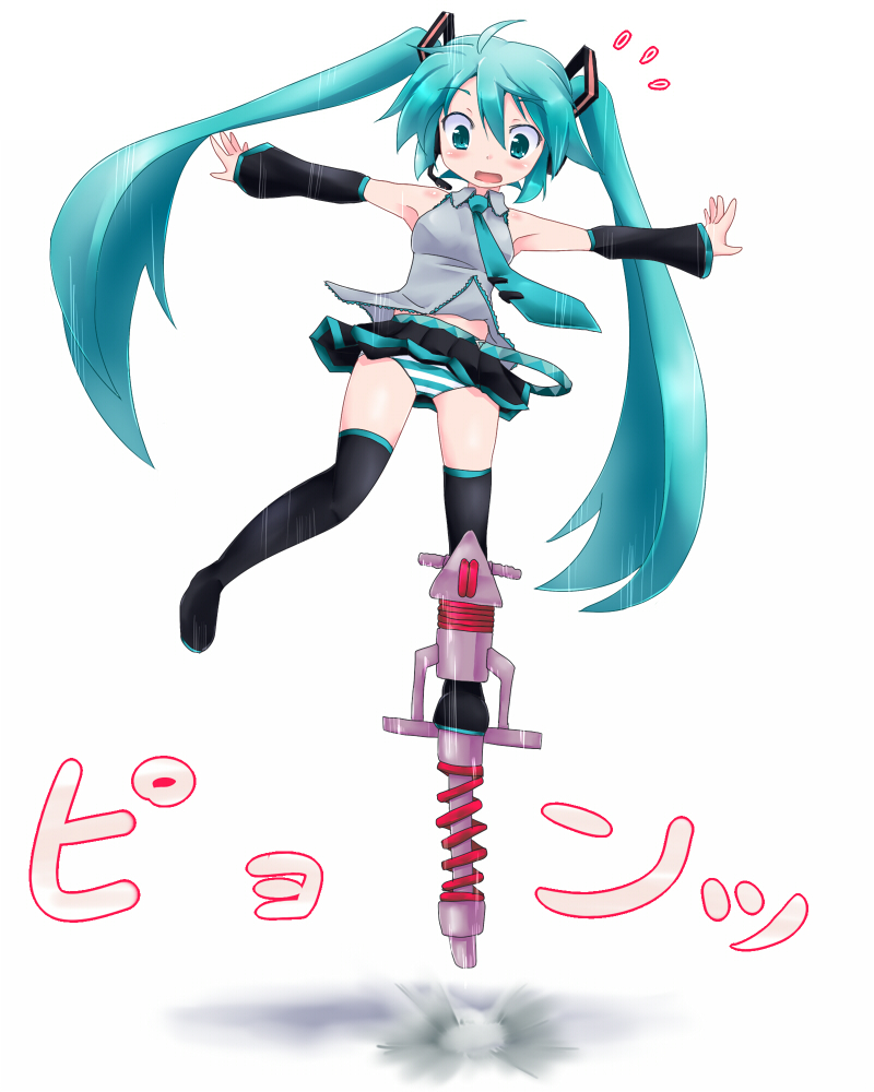 aqua_hair bouncing detached_sleeves green_eyes hatsune_miku headset kamen_rider kamen_rider_fourze_(series) long_hair necktie open_mouth orebelt outstretched_arms panties pogo_stick simple_background skirt solo spread_arms striped striped_panties thighhighs twintails underwear very_long_hair vocaloid white_background