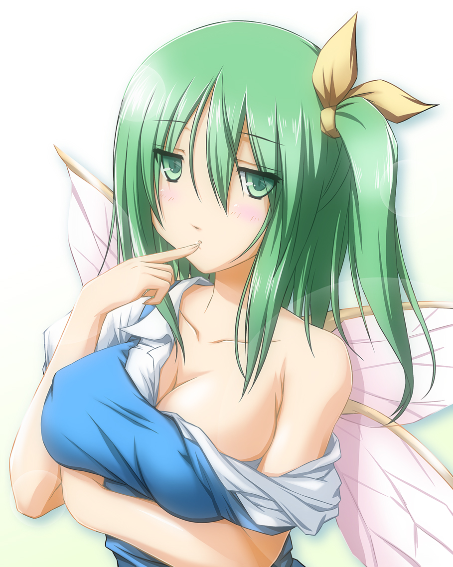 bare_shoulders blush breasts cleavage daiyousei finger_to_mouth green_eyes green_hair large_breasts long_hair nori_tamago off_shoulder older side_ponytail solo touhou upper_body wings