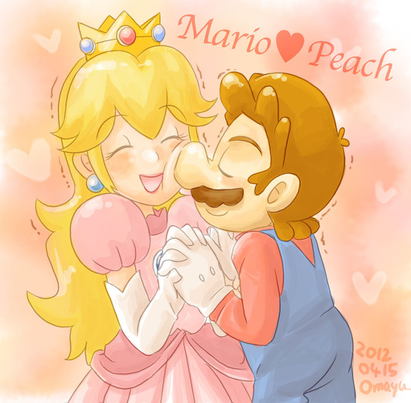 1boy 1girl 2012 couple dated elbow_gloves eyes_closed facial_hair gloves heart mario mario_(series) mustache omaha omaya omayu pixiv_thumbnail princess_peach resized smile super_mario_bros.