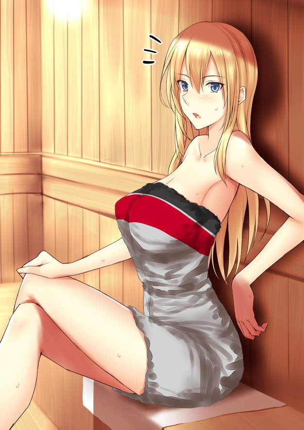 1girl bismarck_(kantai_collection) blonde_hair blue_eyes breasts eyebrows_visible_through_hair hair_between_eyes kantai_collection kuurunaitsu large_breasts long_hair looking_at_viewer naked_towel open_mouth sauna sitting solo towel
