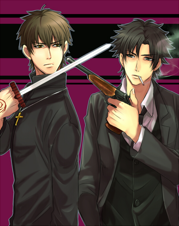 bad_id bad_pixiv_id black_eyes black_hair black_keys brown_eyes brown_hair cigarette command_spell cross cross_necklace emiya_kiritsugu fate/zero fate_(series) gun jewelry kotomine_kirei male_focus multiple_boys necklace smoking weapon zenta