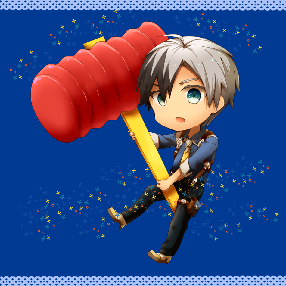 black_hair blue_eyes grey_hair ludger_will_kresnik male_focus multicolored_hair piko_piko_hammer solo squeaky_mallet tales_of_(series) tales_of_xillia tales_of_xillia_2