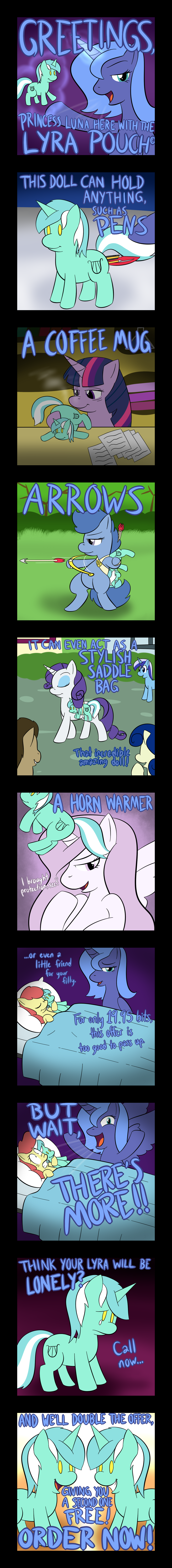 advertisement archer_(mlp) blue_hair carrot_top_(mlp) colgate_(mlp) comic crown cutie_mark doctor_whooves_(mlp) english_text equine female feral fleur_de_lis_(mlp) friendship_is_magic hair horn horse humor lamiaaaa long_hair lyra_(mlp) lyra_heartstrings_(mlp) mammal my_little_pony parody plushie pony princess_luna_(mlp) rarity_(mlp) text twilight_sparkle_(mlp) unicorn winged_unicorn wings