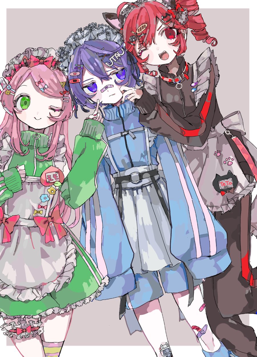 3girls ;) ;d ahoge animal_ears apron bandaid bandaid_hair_ornament bandaid_on_face bandaid_on_leg bandaid_on_nose black_jacket black_nails black_pants blue_bow blue_jacket blue_shorts bow bow_apron bridal_garter cat_ears cat_hair_ornament closed_mouth double_vertical_stripe dress drill_hair ebi834 frilled_apron frills green_dress green_eyes hair_between_eyes hair_bow hair_ornament hairclip heart heart_hair_ornament highres horizontal-striped_thighhighs jacket jersey_maid kasane_teto long_hair long_sleeves maid maid_apron maid_headdress momone_momo multiple_girls name_tag one_eye_closed open_mouth pants paw_print pink_bow pink_hair pink_nails purple_eyes purple_hair red_bow red_eyes red_hair short_hair shorts single_thighhigh smile thighhighs track_jacket track_pants twin_drills unconventional_maid utane_uta utau v-shaped_eyebrows white_apron yellow_bow
