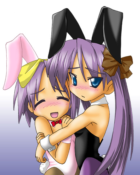 animal_ears bunny_ears bunnysuit hiiragi_kagami hiiragi_tsukasa hug lucky_star multiple_girls pantyhose purple_hair