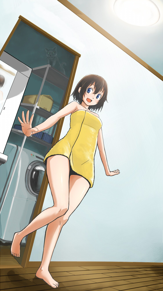 barefoot blue_eyes brown_hair cat feet hands legs naked_towel open_mouth original pirano solo towel