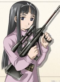 angelica black_hair blue_drop blue_eyes gun gunslinger_girl hair_ribbon humanoid lowres meiko-chan ribbon senkouji_hagino weapon