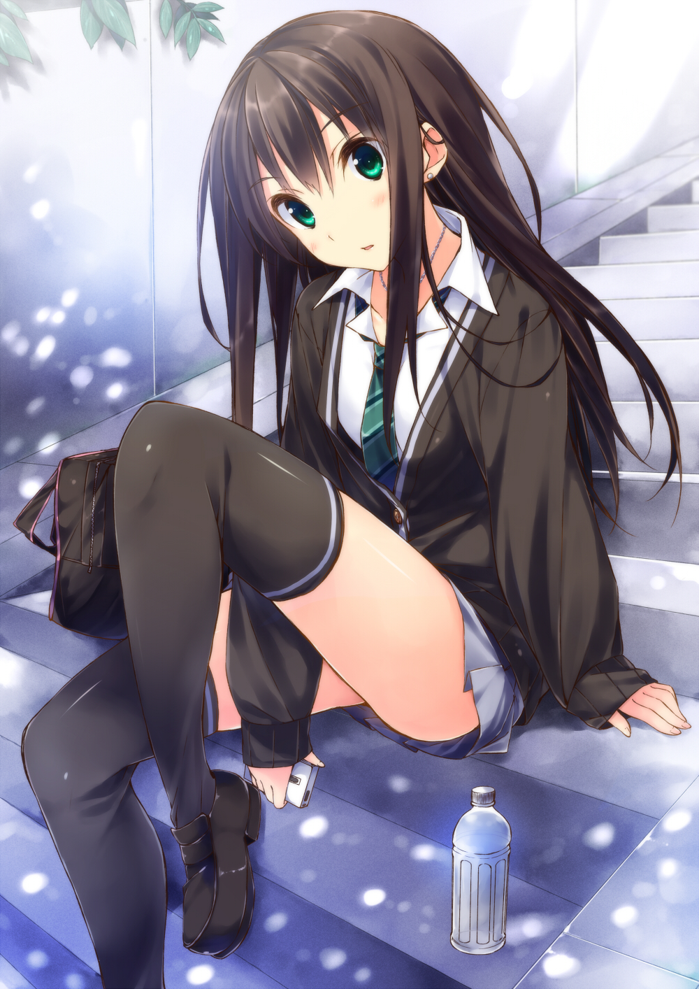 bag black_hair black_legwear bottle buttons cardigan cellphone earrings green_eyes highres holding idolmaster idolmaster_cinderella_girls jewelry kuwashima_rein loafers long_hair looking_at_viewer necklace necktie open_mouth phone school_bag school_uniform shibuya_rin shoes sitting sitting_on_stairs skirt sleeves_past_wrists solo stairs thighhighs