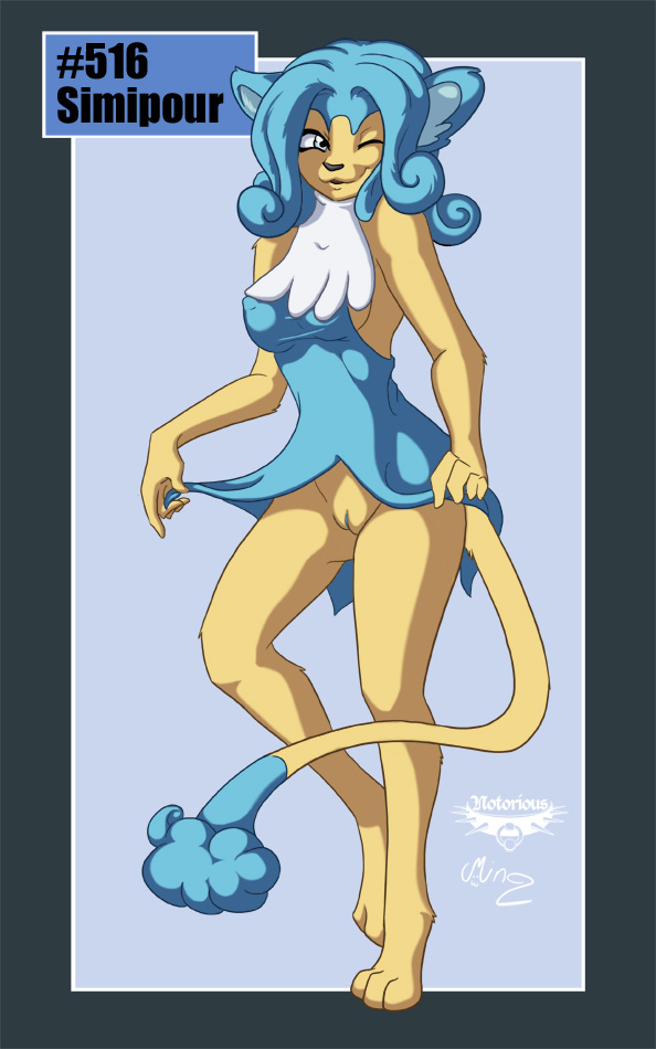 anthro bottomless clothed clothing collaboration digitigrade dress dress_lift female hair half-dressed mammal mingchee monkey nintendo notorious84 one_eye_closed pinup plain_background pok&#233;mon pok&#233;morph pok&eacute;mon pok&eacute;morph pose primate pussy simipour smile solo standing the_pokedex_project video_games wink