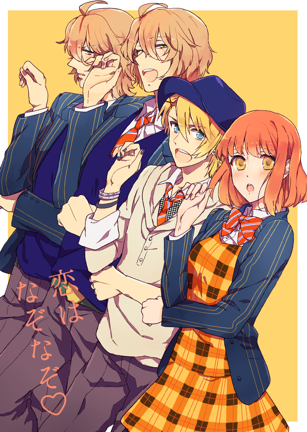 3boys belluch blonde_hair blue_eyes blush bow bracelet brown_hair glasses hat jewelry kurusu_shou multiple_boys nail_polish nanami_haruka necktie open_mouth orange_hair shinomiya_natsuki shinomiya_satsuki translated uta_no_prince-sama yellow_background yellow_eyes