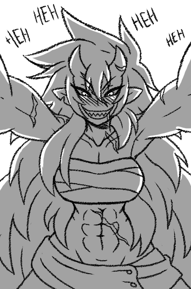abs blush breasts chest_wraps clothed clothing drooling female greyscale hair horn humanoid midriff monochrome muscular muscular_female naughty_face not_furry notched_ear oni perspective pointy_ears rairaku_(rakkuguy) rakkuguy saliva scar sharp_teeth smile solo teeth wraps