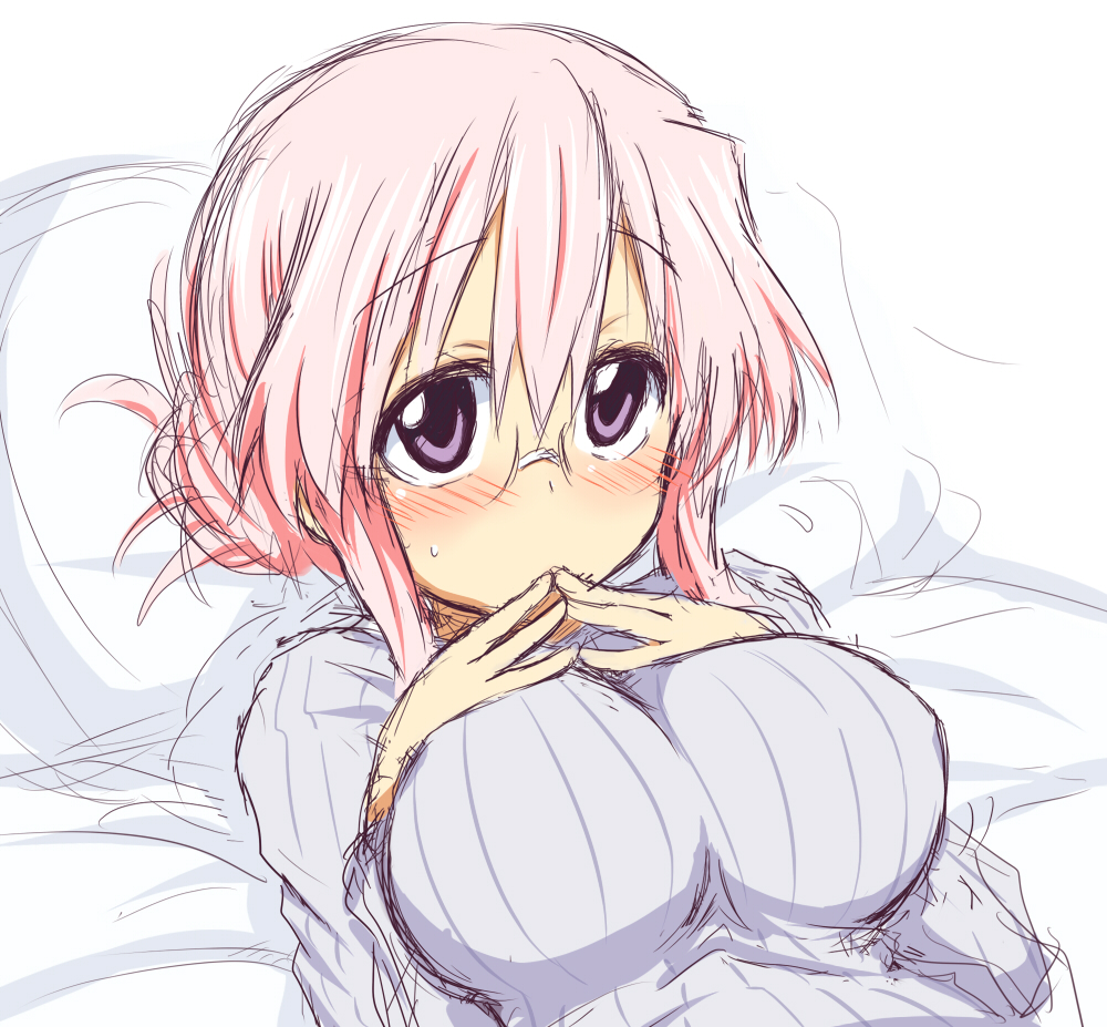 bad_id bad_pixiv_id blush breasts glasses impossible_clothes impossible_sweater large_breasts lucky_star lying on_back pillow pink_hair purple_eyes ribbed_sweater sketch solo sweater takara_miyuki take_(shokumu-taiman)