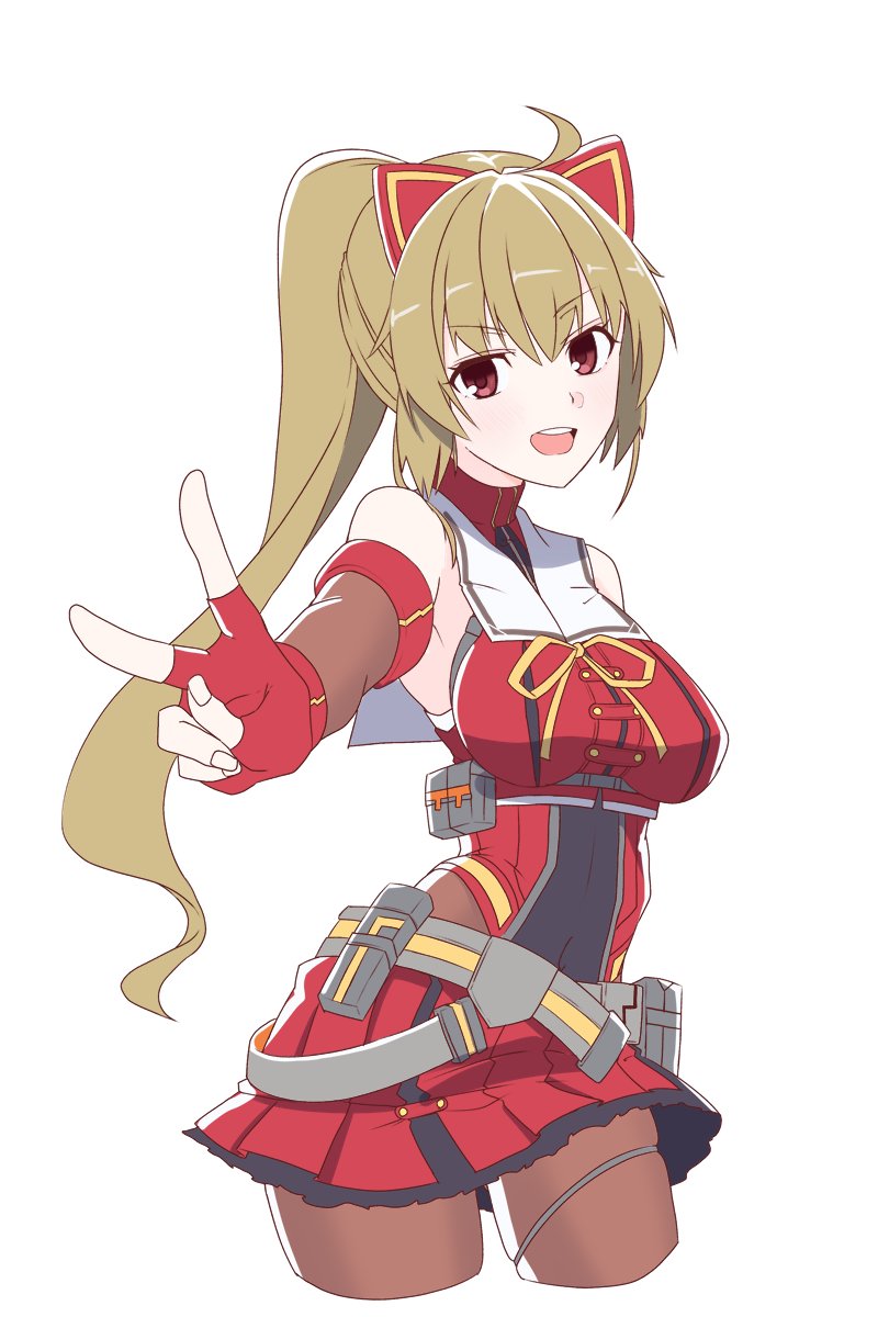 1girl ahoge animal_ears assault_lily bare_shoulders belt belt_pouch black_shirt breasts brown_gloves brown_hair brown_pantyhose cat_ears chest_belt commentary covered_navel cowboy_shot cropped_legs elbow_gloves fake_animal_ears fingerless_gloves gloves grey_belt gumoyu high_ponytail highres kondou_misaka long_hair looking_at_viewer medium_breasts miniskirt multiple_belts neck_ribbon open_mouth outstretched_arm pantyhose pleated_skirt ponytail pouch reaching reaching_towards_viewer red_eyes red_gloves red_shirt red_skirt ribbon sailor_collar shirt simple_background skirt sleeveless sleeveless_shirt solo standing teeth thigh_strap turtleneck turtleneck_shirt two-tone_gloves two-tone_shirt underbust upper_teeth_only v v-shaped_eyebrows very_long_hair white_background white_sailor_collar yellow_ribbon