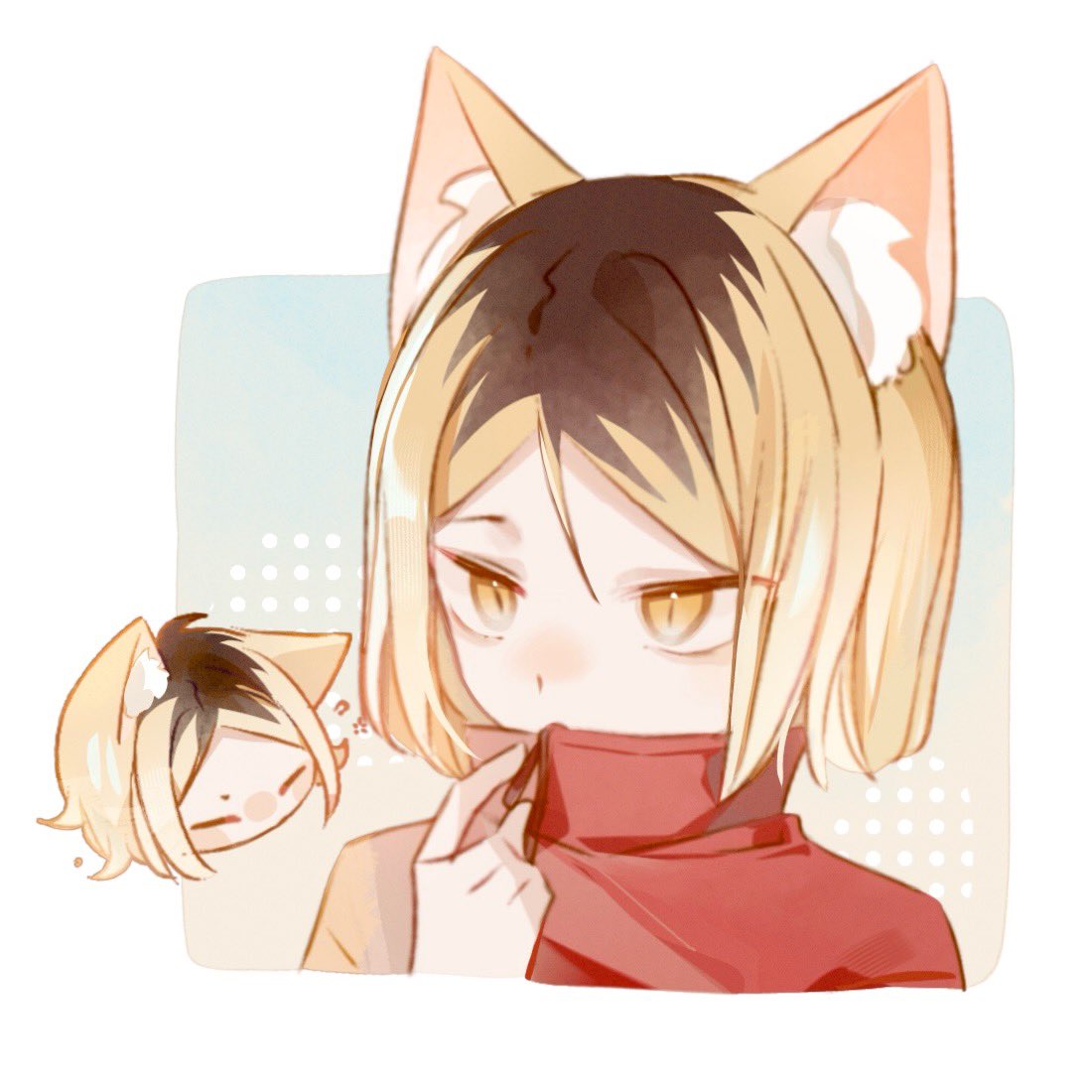 1boy animal_ear_fluff animal_ears between_fingers blonde_hair blunt_ends bob_cut brown_hair cat_boy cat_ears chibi chibi_inset chinese_commentary closed_eyes commentary_request covered_mouth cropped_shoulders dotted_background facing_viewer haikyuu!! hand_up holding jacket kemonomimi_mode kozume_kenma looking_ahead male_focus multicolored_hair parted_bangs popped_collar red_jacket roots_(hair) short_hair single_ear_down slit_pupils solo tong_tian_cheese tsurime two-tone_hair yellow_eyes zipper zipper_pull_tab