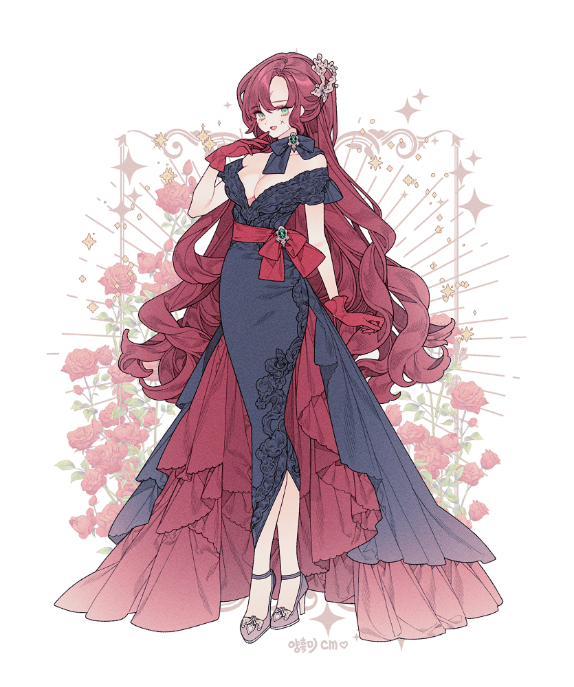 1girl black_dress bow breasts cleavage dress earrings flower full_body gloves green_eyes hair_flower hair_ornament high_heels jewelry lemon89h long_dress long_hair looking_at_viewer medium_breasts original red_dress red_gloves red_hair rococo_movement rose scar scar_on_face smile solo sparkle standing very_long_hair