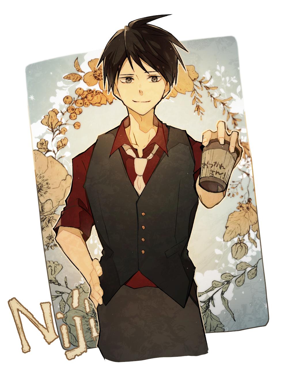 1boy alternate_costume black_hair black_pants black_vest buttons closed_mouth collared_shirt commentary_request cropped_legs cup disposable_coffee_cup disposable_cup grey_eyes hand_on_own_hip highres holding holding_cup kuroko_no_basuke looking_at_viewer male_focus necktie nijimura_shuuzou outstretched_arm pants red_shirt ryo_(piggerworld) shirt short_hair smile solo vest white_necktie wing_collar