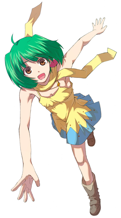 :d ankle_boots bare_shoulders boots brown_footwear collarbone dress green_hair hands looking_at_viewer macross macross_frontier open_mouth ranka_lee red_eyes running scarf short_hair shouhei smile solo yellow_dress