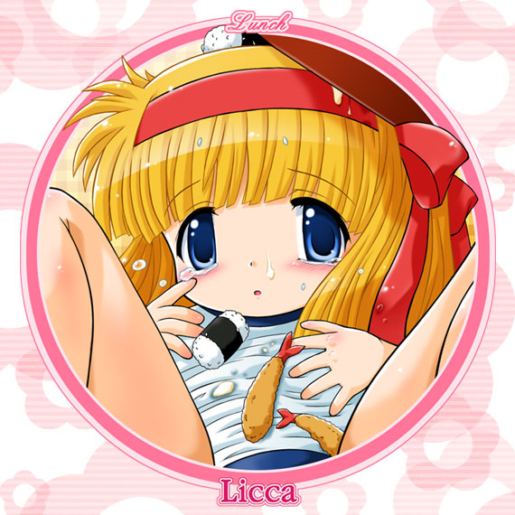 90s :o bangs blonde_hair blue_eyes blunt_bangs blush bowl buruma checkered checkered_background child circle close-up flat_chest flower food gym_uniform hair_ribbon hairband kayama_licca long_hair lying messy on_back onigiri open_mouth ribbon solo spill spread_legs striped striped_background super_doll_licca-chan tears tokuda_shinnosuke