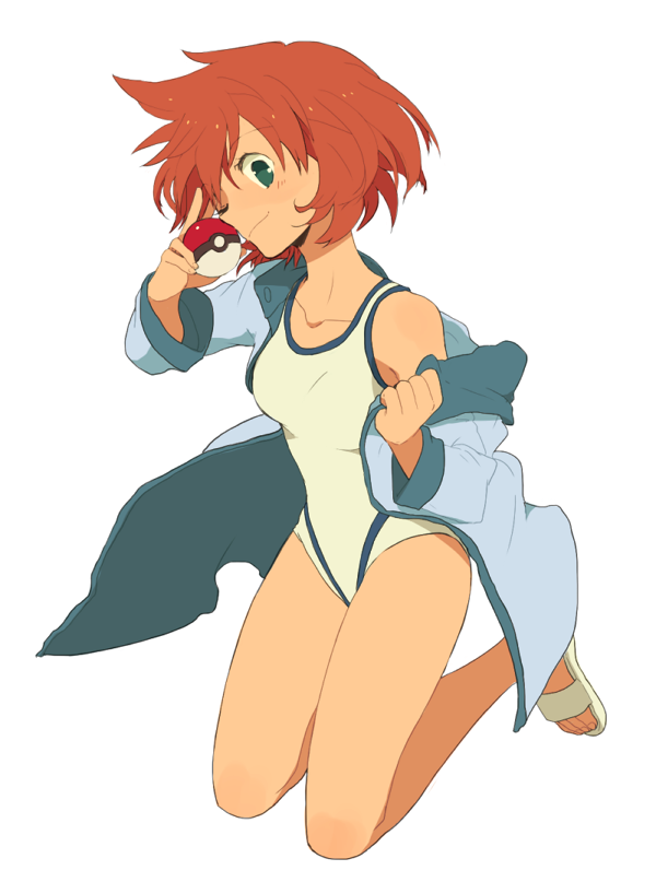 full_body green_eyes holding holding_poke_ball jacket kasumi_(pokemon) ochappa one-piece_swimsuit one_eye_closed orange_hair poke_ball poke_ball_(generic) pokemon pokemon_(game) pokemon_hgss sandals sekka_koyori short_hair simple_background smile solo swimsuit white_background