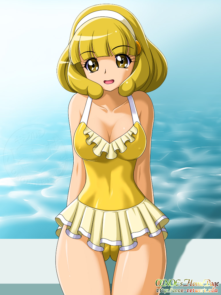 bad_id bad_pixiv_id blonde_hair casual_one-piece_swimsuit hairband kise_yayoi older one-piece_swimsuit onoe precure short_hair smile_precure! swimsuit thigh_gap white_hairband yellow_eyes yellow_swimsuit