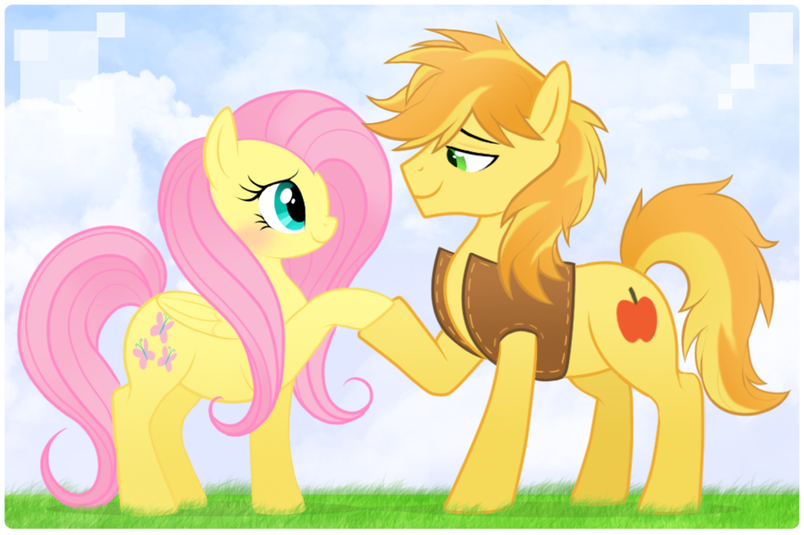 blue_eyes blush braeburn_(mlp) cloud couple cutie_mark equine eye_contact female feral fluttershy_(mlp) friendship_is_magic fur grass green_eyes hair horse long_hair male mammal mn27 my_little_pony orange_hair pegasus pink_hair pony simple_background smile straight two_color_hair two_tone_hair vest wings yellow_fur