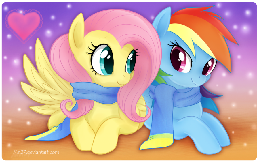 &hearts; &lt;3 blue_fur couple duo equine eye_contact female feral fluttershy_(mlp) friendship_is_magic fur green_eyes hair horse lesbian mammal mn27 multi-colored_hair my_little_pony pegasus pink_hair pony purple_eyes rainbow_dash_(mlp) rainbow_hair scarf simple_background smile wings yellow_fur