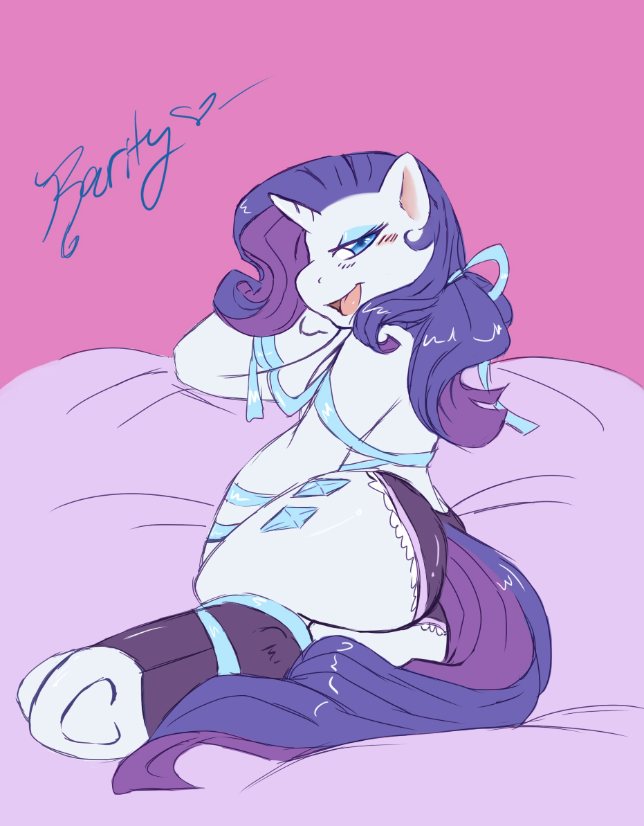 &hearts; &lt;3 anthro anthrofied aries84 blue_eyes blush butt clothing cutie_mark equine female friendship_is_magic hair horn horse long_hair looking_at_viewer looking_back mammal my_little_pony open_mouth pony purple_hair rarity_(mlp) seductive smile solo tongue unicorn
