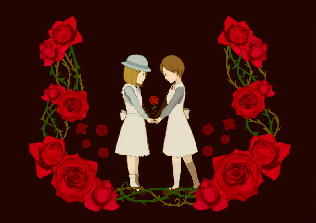 2girls aoi_tsuki_makoto blonde_hair blue_dress bob_cut brooch child cloche_hat dress eye_contact flower grey_dress hair_ornament hairpin hand_holding hat jennifer_(rule_of_rose) jewelry loli looking_at_another mary_janes multiple_girls red_rose rose rule_of_rose shoes short_hair wendy_(rule_of_rose) younger yuri
