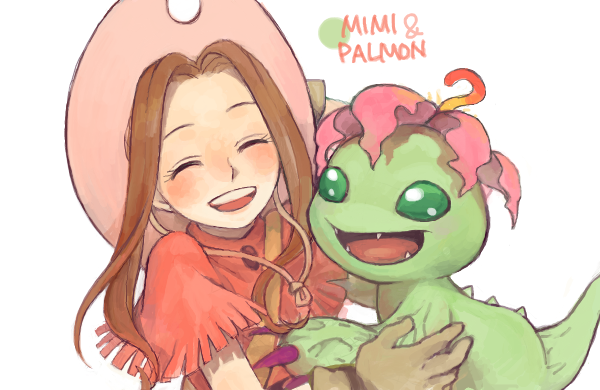 :d ayame_(artist) blush brown_hair character_name claws closed_eyes cowboy_hat digimon digimon_adventure fringe_trim gloves green_eyes hat long_hair open_mouth palmon sharp_teeth smile tachikawa_mimi teeth