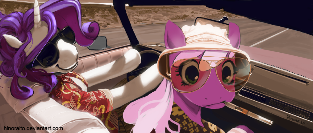 anthro anthrofied car cheerilee_(mlp) cigarette commission detailed_background driving equine eyewear fear_and_loathing_in_las_vegas female friendship_is_magic fur green_eyes hair hinoraito horn horse looking_at_viewer mammal movie my_little_pony pink_fur pink_hair pony purple_hair rarity_(mlp) realistic road smile smoking sunglasses unicorn white_fur