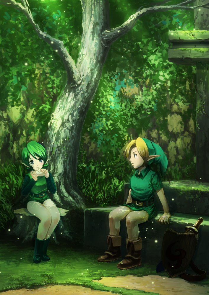 1girl akahige_322-gou belt boots green_eyes green_hair hair_intakes hat instrument link ocarina pointy_ears ruins saria shield short_hair sitting stairs sword the_legend_of_zelda the_legend_of_zelda:_ocarina_of_time tree tunic weapon