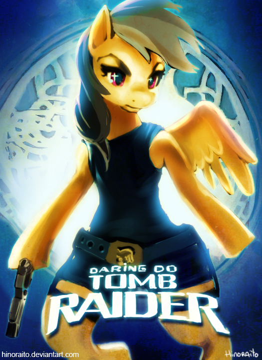 belt belt_buckle brown_hair clothed clothing crossover daring_do_(mlp) english_text equine female friendship_is_magic fur gun hair hinoraito horse mammal my_little_pony pegasus pistol pony poster ranged_weapon red_eyes shirt shorts simple_background solo text tomb_raider weapon wings yellow_fur