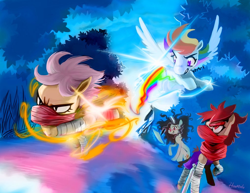 bandage blue_fur brown_hair commission cutie_mark detailed_background equine eyewear female flying friendship_is_magic fur glasses grey_fur hair hinoraito horn horse magic male mammal multi-colored_hair my_little_pony original_character pegasus pink_hair pony purple_eyes race rainbow rainbow_dash_(mlp) rainbow_hair red_eyes red_hair scarf scowl smile sword tree unicorn weapon wings wood yellow_fur