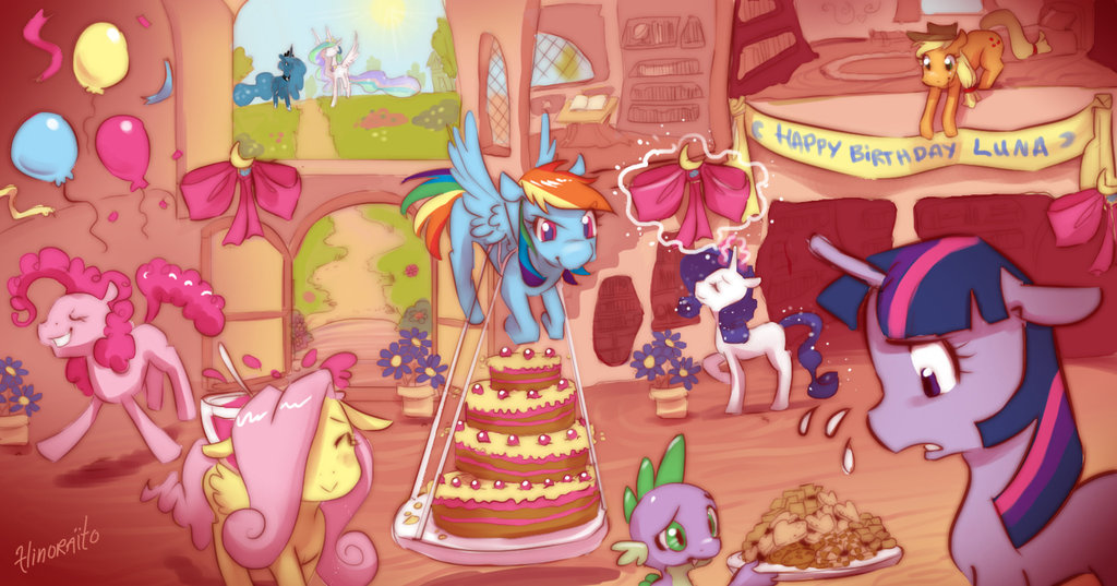 applejack_(mlp) balloons banner birthday blonde_hair blue_fur blue_hair book bow cake cookie cub cutie_mark detailed_background dragon english_text equine eyes_closed female feral flower fluttershy_(mlp) flying food friendship_is_magic fur green_eyes green_hair group hair hat hinoraito horn horse long_hair magic male mammal multi-colored_hair my_little_pony orange_fur party path pegasus pink_fur pink_hair pinkie_pie_(mlp) plate pony princess princess_celestia_(mlp) princess_luna_(mlp) punch purple_eyes purple_fur purple_hair rainbow_dash_(mlp) rainbow_hair rarity_(mlp) royalty scalie scenery spike spike_(mlp) sun sweat text tree twilight_sparkle_(mlp) two_color_hair two_tone_hair unicorn white_fur wings wood yellow_fur young