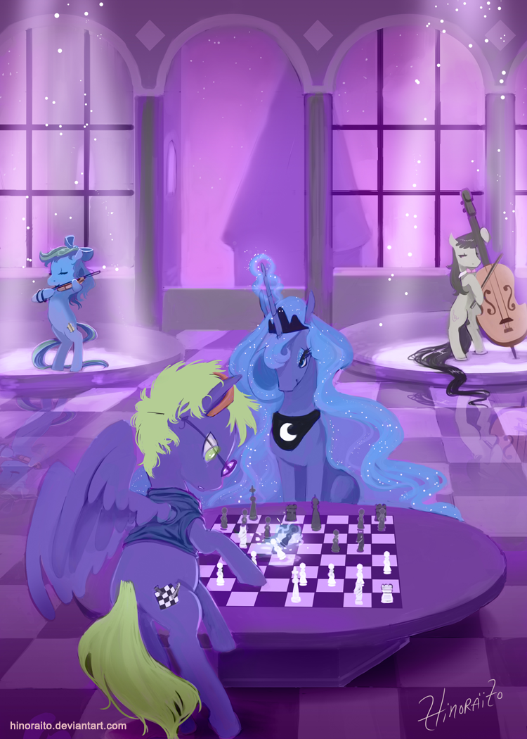 black_hair blue_hair bow bow_(stringed_instrument) bow_tie cello chess clothing commission cutie_mark detailed_background equine eyes_closed eyewear female feral friendship_is_magic fur glasses green_hair grey_fur group hair hinoraito horn horse magic male mammal moon musical_instrument my_little_pony octavia_(mlp) original_character pegasus pony princess_luna_(mlp) purple_fur reflection shirt spotlight table tiara violin window winged_unicorn wings